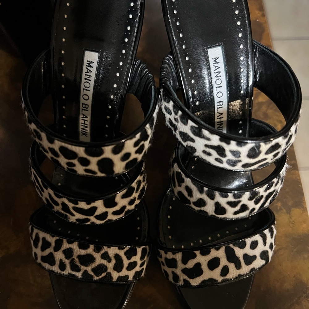 Manolo Blahnik Pony Hair Cow Print Strappy Slip On High Heel Sandals